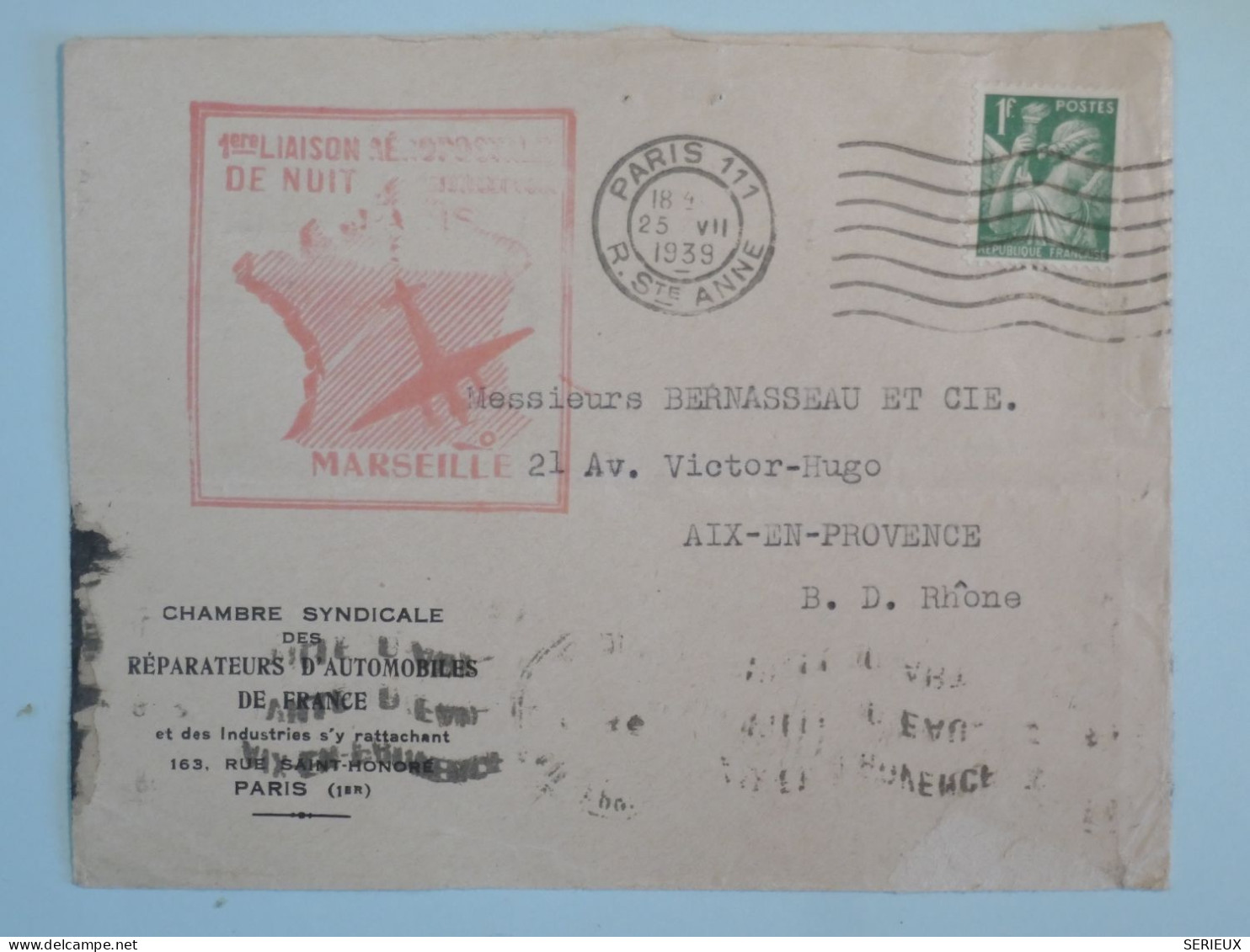 BS16  FRANCE  BELLE LETTRE  1939 1ERE LIAISON DE NUIT  PARIS A AIX  PROVENCE + AFFR. PLAISANT+++ ++ - Erst- U. Sonderflugbriefe