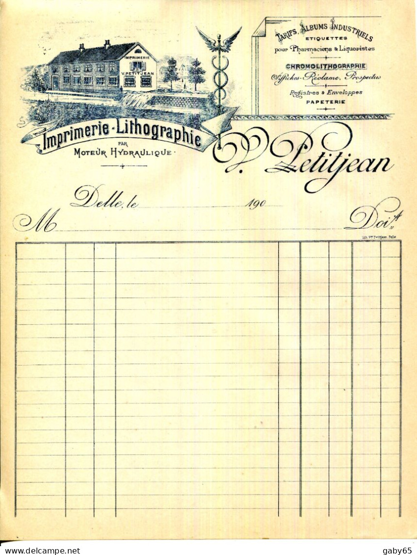 FACTURE.90.DELLE.IMPRIMERIE-LITHOGRAPHIE PAR MOTEUR HYDRAULIQUE.CHROMOLITHOGRAPHIE.V.PETITJEAN. - Printing & Stationeries