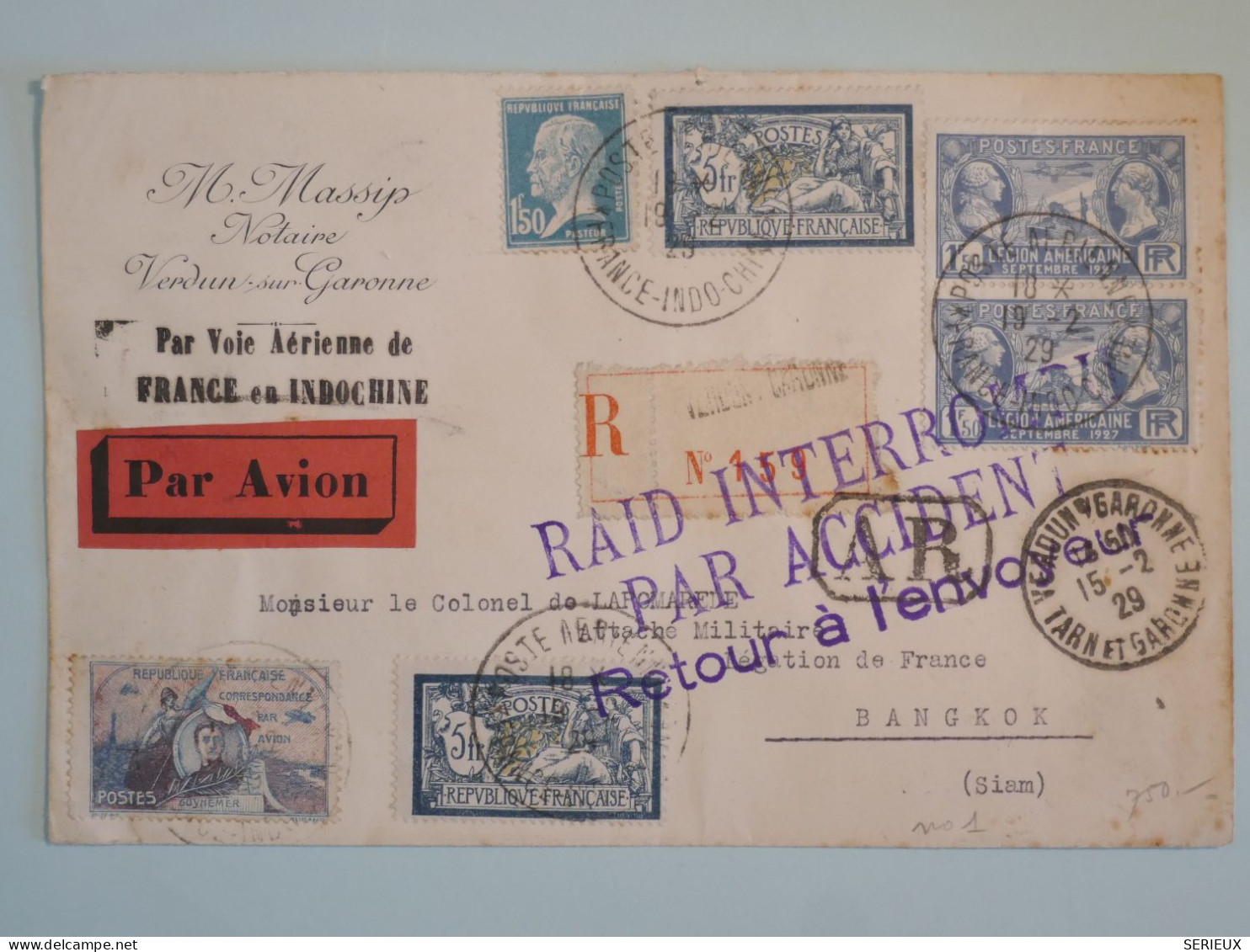 C FRANCE BELLE LETTRE RAID INTERROMPU ACCIDENT RARE 1929 VERDUN GARONNE A BAGKOK SIAM  + AFF. INTERESSANT+++ - 1927-1959 Cartas & Documentos