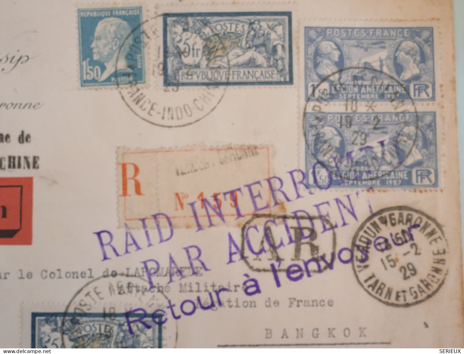 C FRANCE BELLE LETTRE RAID INTERROMPU ACCIDENT RARE 1929 VERDUN GARONNE A BAGKOK SIAM  + AFF. INTERESSANT+++ - 1927-1959 Lettres & Documents