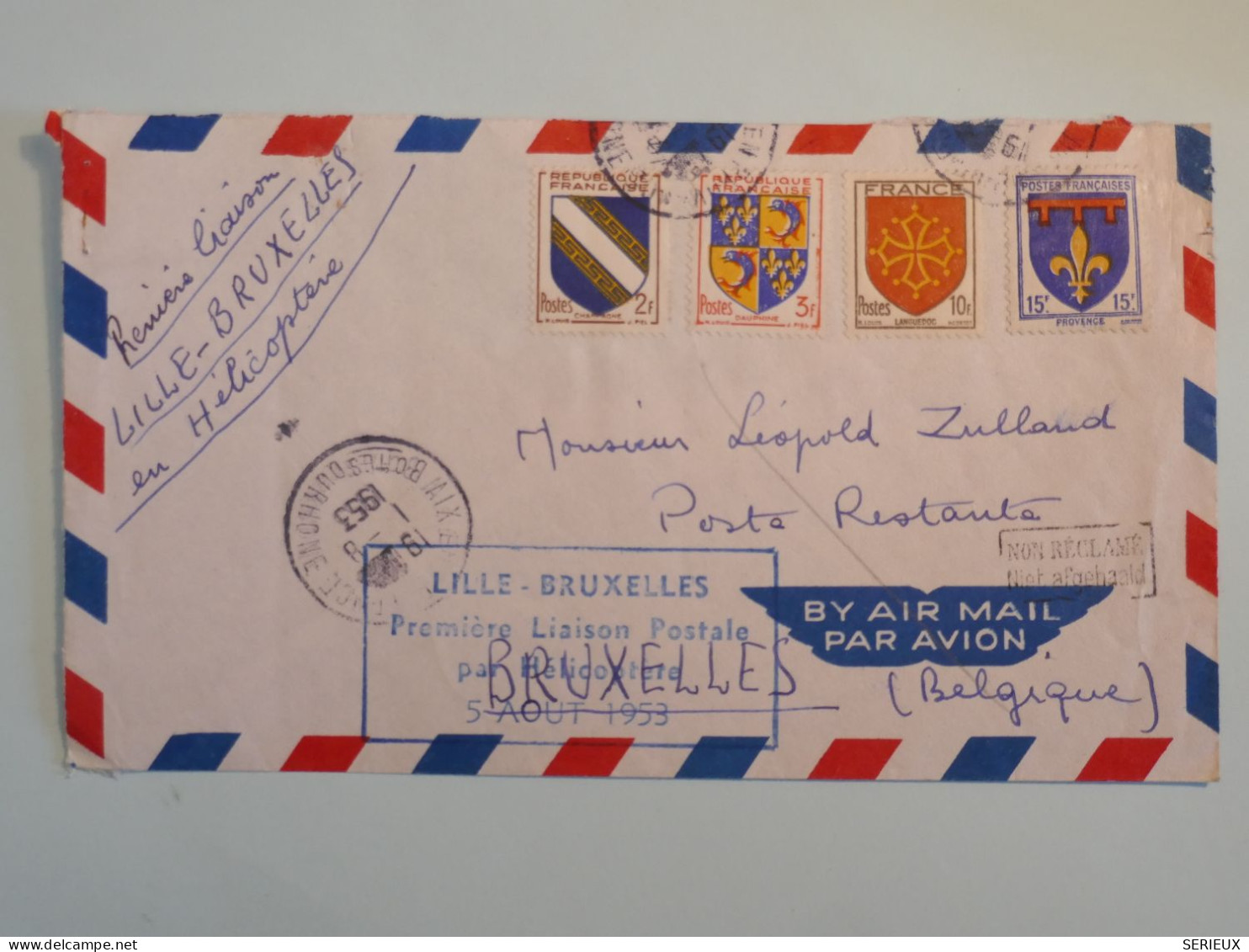 BS16  FRANCE  BELLE LETTRE  1953 1ERE LIAISON HELICOPTERE LILLE BRUXELLES BELGIQUE + + AFFR. PLAISANT+++ ++ - Primi Voli