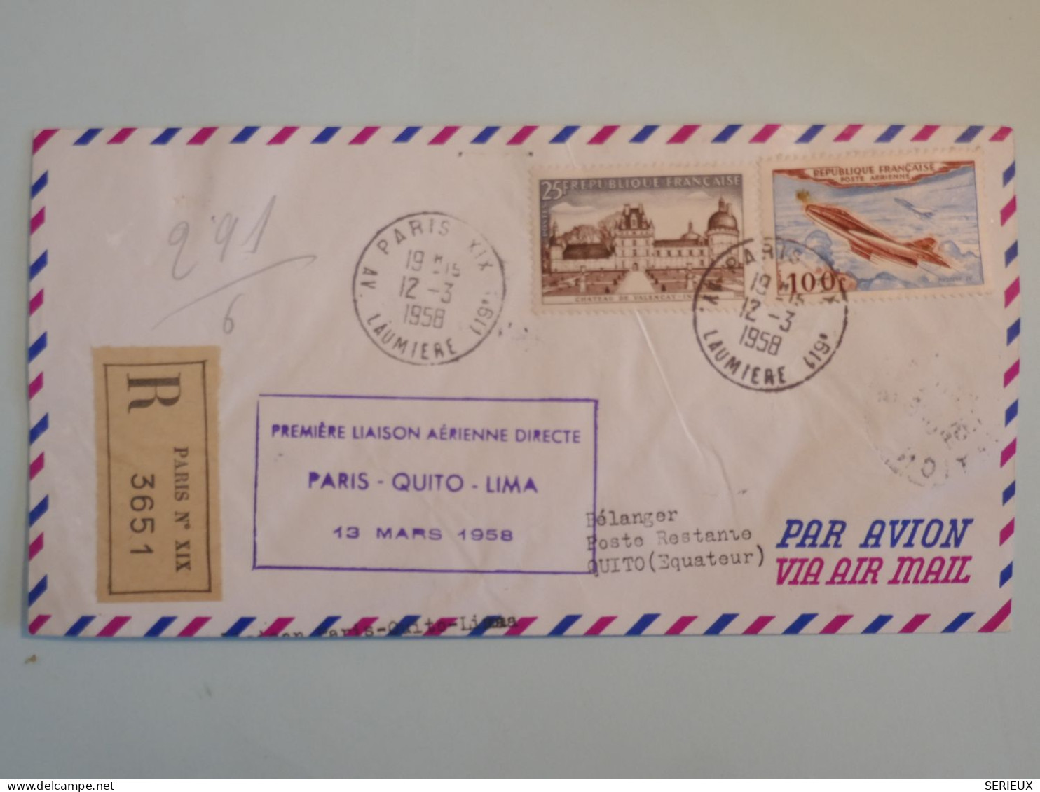 BS16  FRANCE  BELLE LETTRE RR 1958 1ERE LIAISON PARIS QUITO  LIMA  PERU + + AFFR. PLAISANT+++ ++ - Erst- U. Sonderflugbriefe