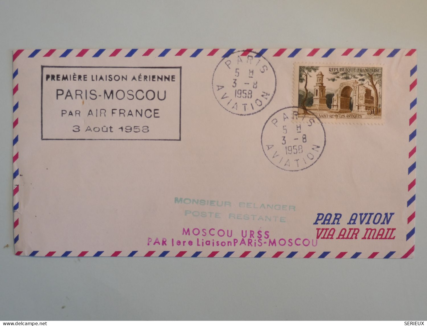 BS16  FRANCE  BELLE LETTRE RR 1958 1ERE LIAISON PARIS MOSCOU RUSSIE  + + AFFR. PLAISANT+++ ++ - Erst- U. Sonderflugbriefe