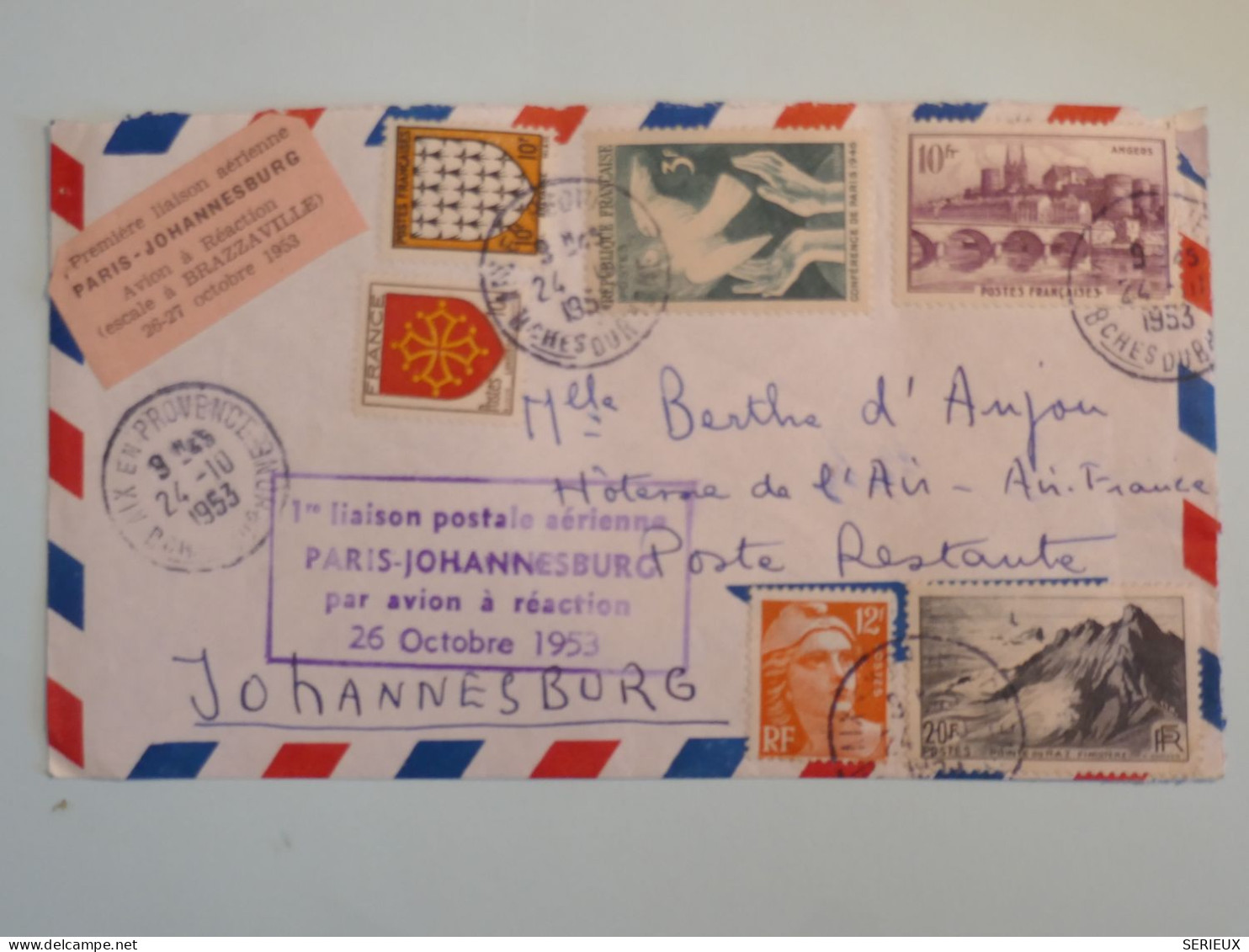 BS16  FRANCE  BELLE LETTRE RR 1953 D AIX 1ERE LIAISON PARIS JOHANNESBURG  SOUTH AFRICA  + + AFFR. FLAMBOYANT++ ++ - Erst- U. Sonderflugbriefe