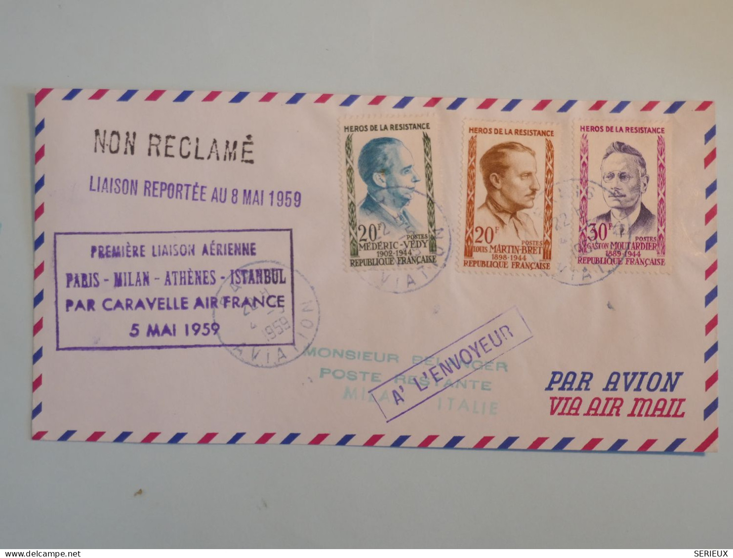 BS16  FRANCE  BELLE LETTRE RR 1959  1ERE LIAISON PARIS  MILAN ISTANBUL  +NON RECLAMé+ + AFFR.PLAISANT++ ++ - Erst- U. Sonderflugbriefe