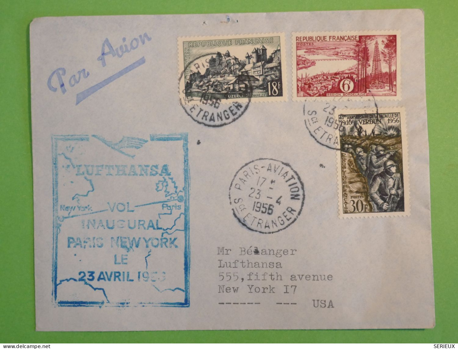 BS16  FRANCE  BELLE LETTRE RR 1956  1ERE LIAISON PARIS NEW YORK USA . LUFTHANSA   +NON RECLAMé+ + AFFR.PLAISANT++ ++ - Premiers Vols