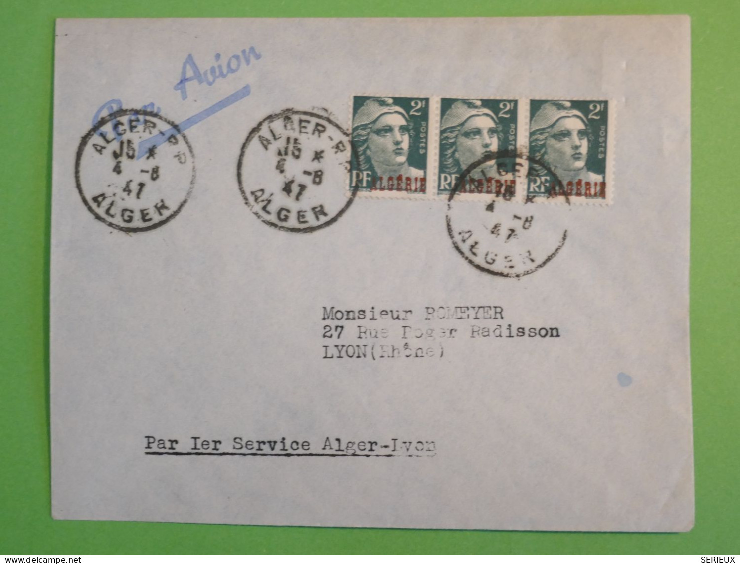 BS16  ALGERIE FRANCE BELLE LETTRE  1947 1ERE LIAISON ALGER LYON  FRANCE  +BANDE 3 TP SURCHARGES +++ AFFR. PLAISANT+++ ++ - Airmail