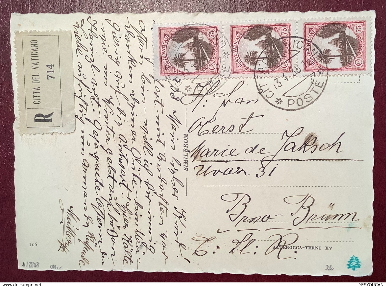 Sa.26 1933 75c Cartolina Postale RACCOMANDATA !! RARA 1938>Brno CZ (Vatican Vaticano Lettera Rare Registered Postcard - Cartas & Documentos