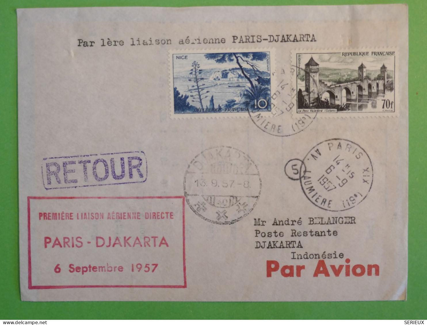 BS16  FRANCE  BELLE LETTRE RR 1957  1ERE LIAISON PARIS  JAKARTA INDONESIE + + AFFR. PLAISANT++ ++ - First Flight Covers