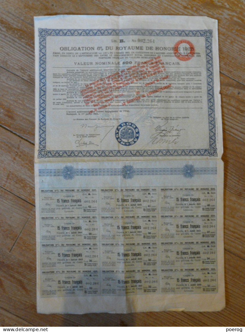 OBLIGATION DU ROYAUME DE HONGRIE - 1925 - LITT. B. - MAGYAR - Bank & Insurance