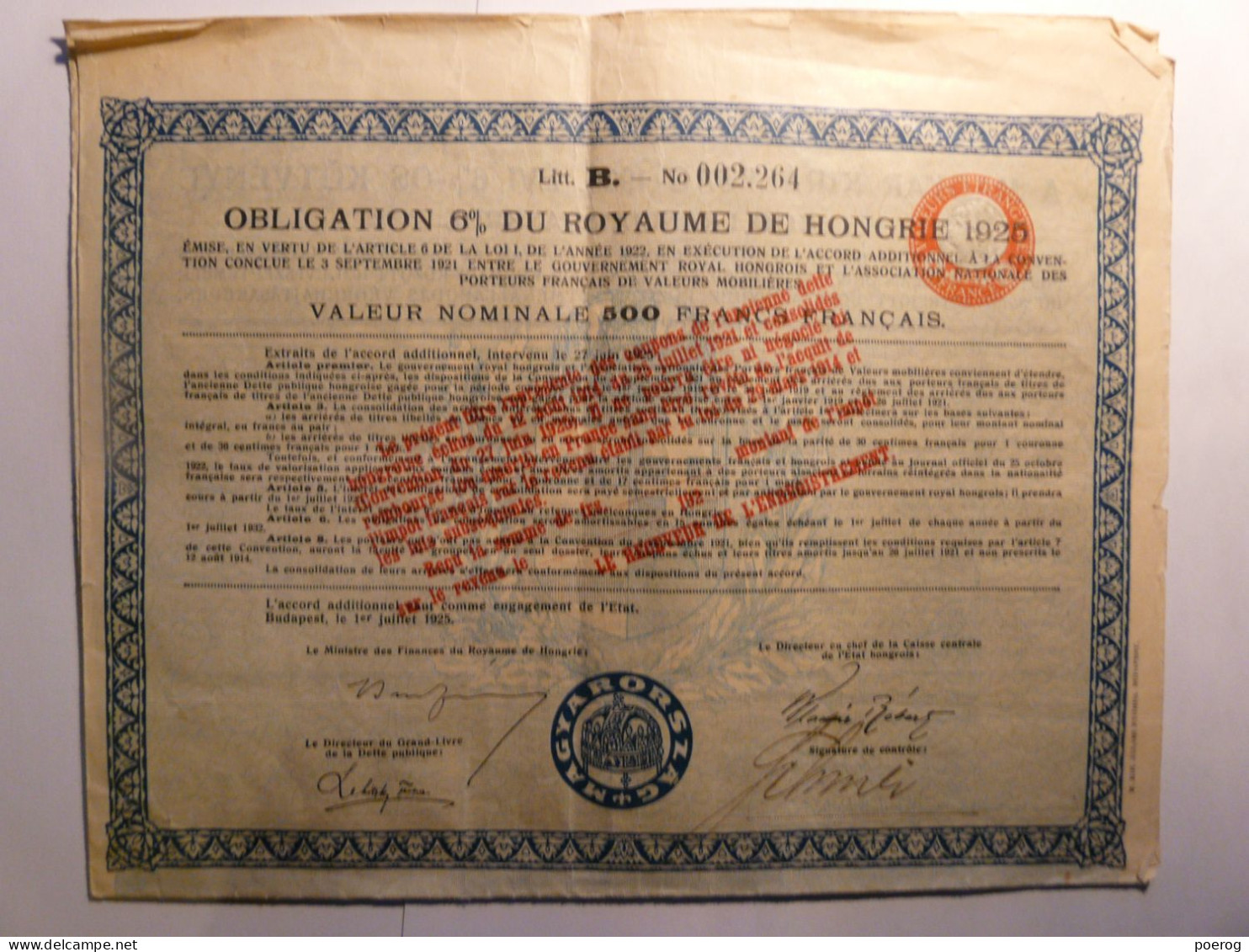 OBLIGATION DU ROYAUME DE HONGRIE - 1925 - LITT. B. - MAGYAR - Banque & Assurance