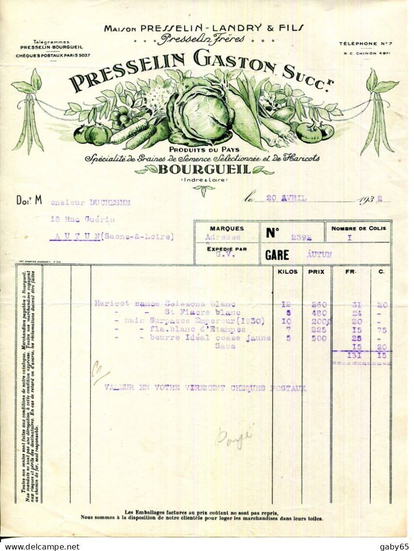 FACTURE.37.BOURGUEIL.GRAINES DE SEMENCE SELECTIONNÉE & DE HARICOTS.PRESSELIN GASTON. - Agricultura