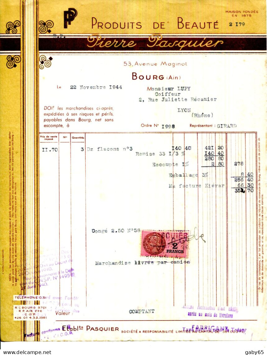 FACTURE.01.AIN.BOURG.PRODUITS DE BEAUTE.PIERRE PASQUIER 53 AVENUE MAGINOT. - Droguerie & Parfumerie