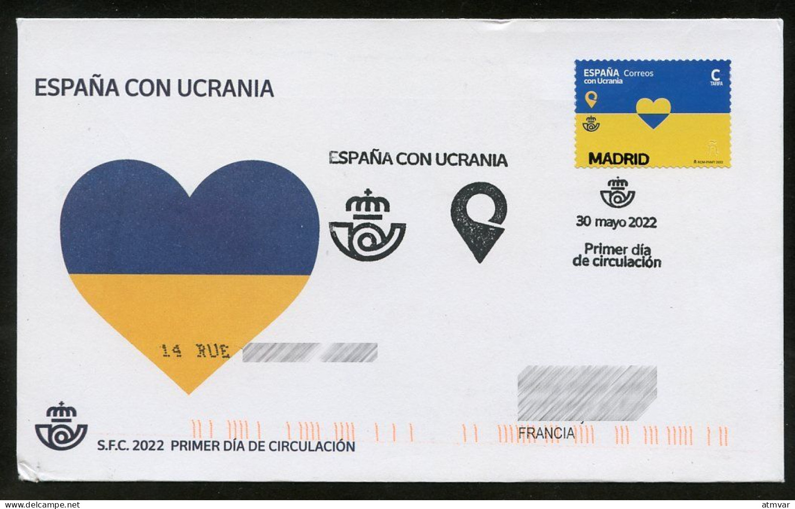 ESPAÑA (2022) ESPAÑA CON UCRANIA, Spain With Ukraine, Correos & Ukrposhta, Heart, Coeur, Corazón -First Day Cover France - FDC