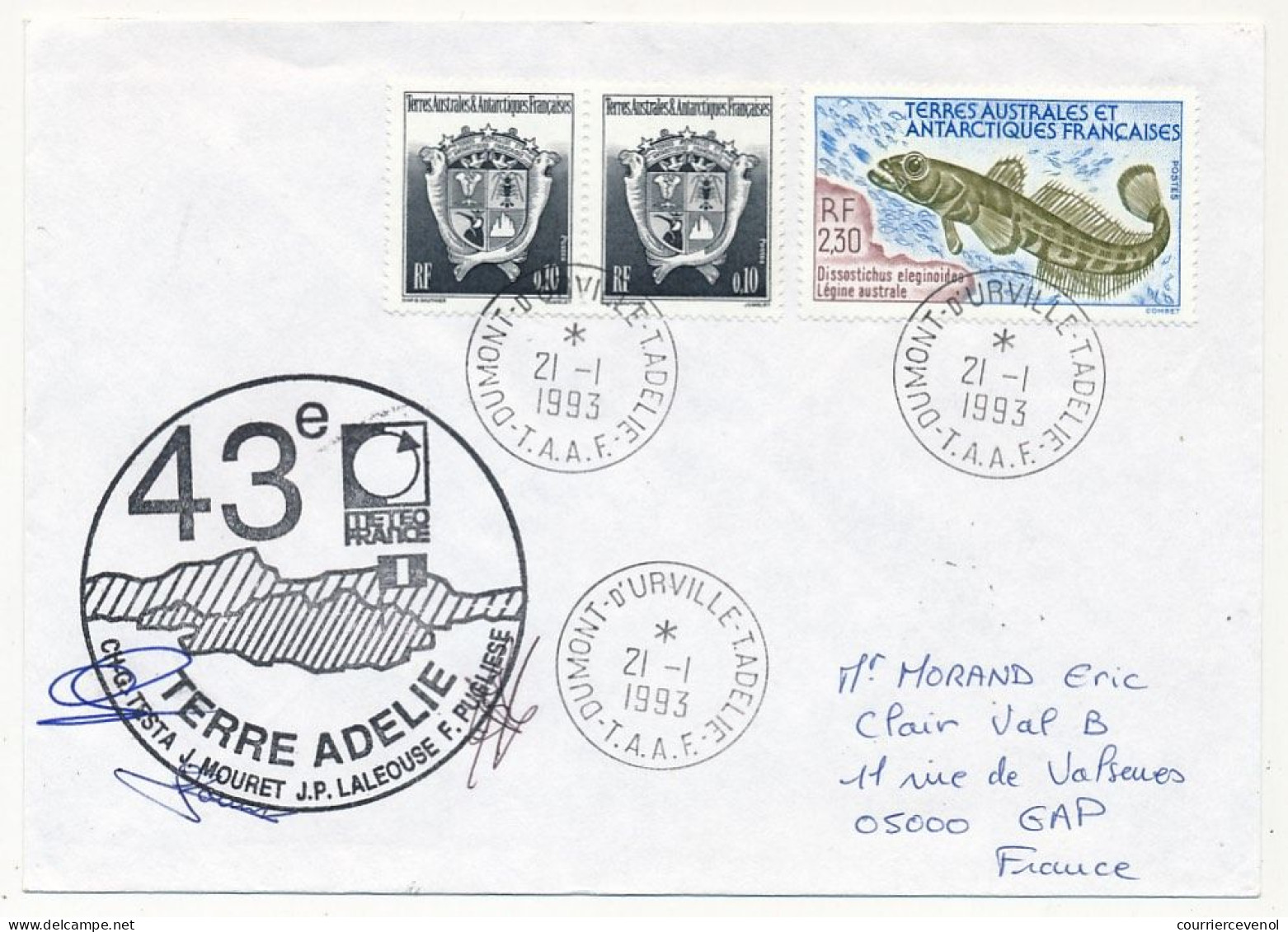 TAAF - Env Affr 0,10 Armoiries X2 + 2,30 Légine Australe - Cad Dumont D'urville 21/1/1993 + 43eme Exp. Météo France - Briefe U. Dokumente