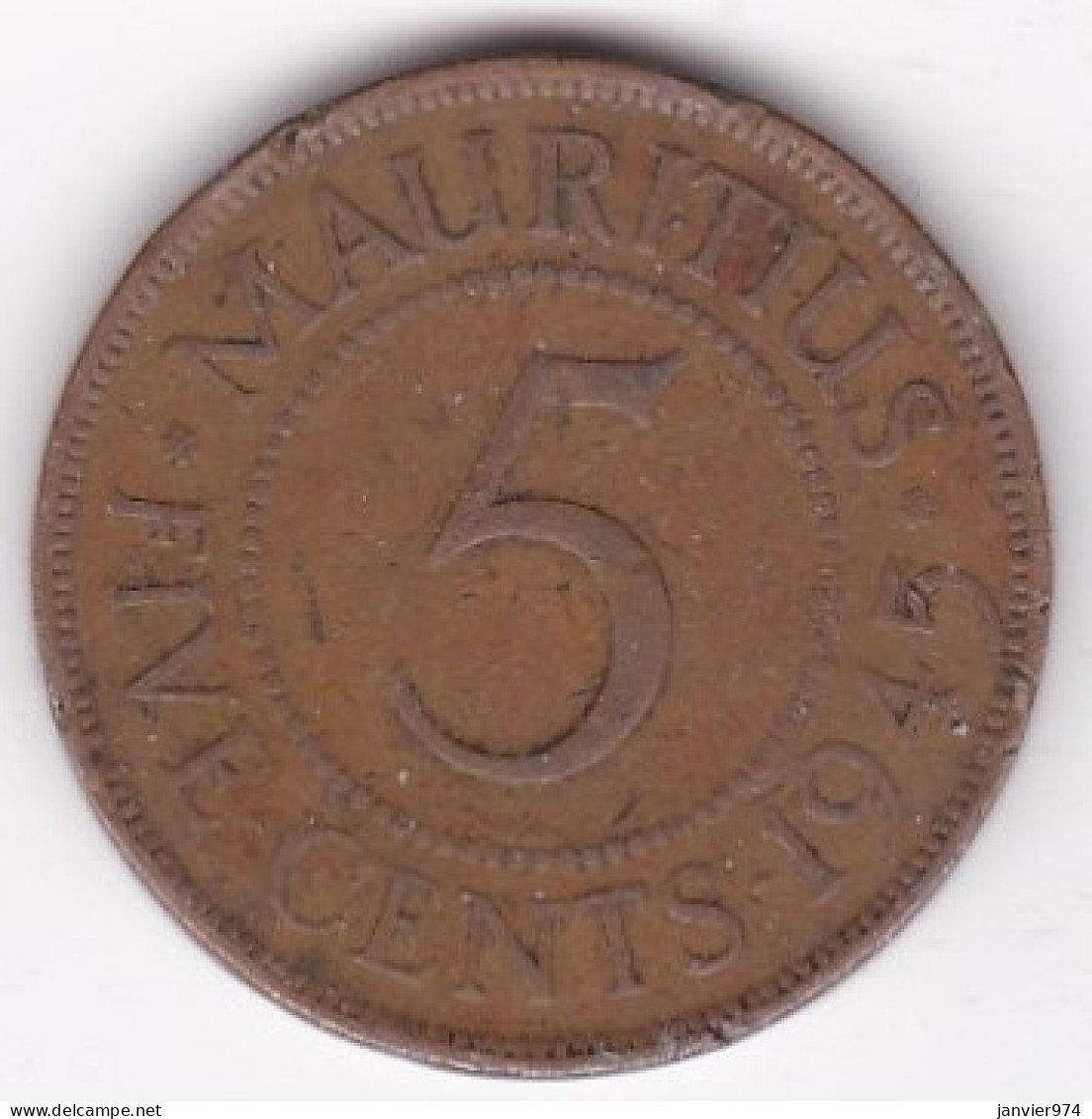 Ile Maurice , 5 Cents 1945 , George VI, KM# 20 - Maurice