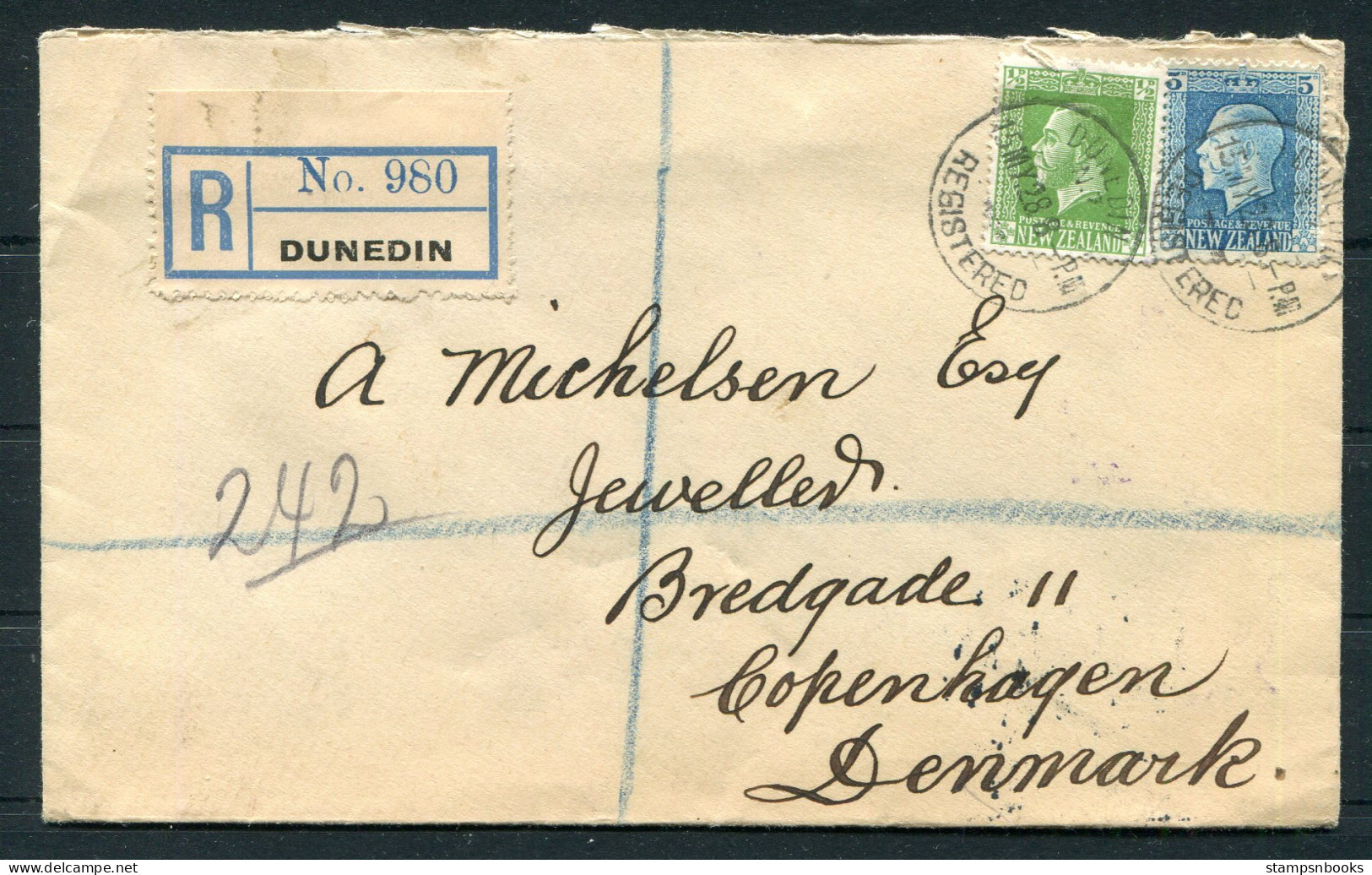 1928 New Zealand Dunedin Registered Cover - Jewellers, Copenhagen Denmark Via London - Cartas & Documentos