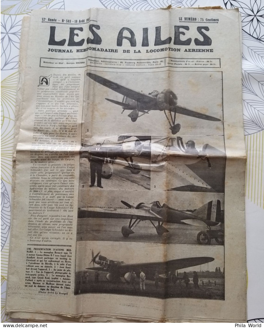 LES AILES Journal Locomotion Aérienne N° 583 18 Août 1932 Avion BERNARD Pilote ASSOLANT Monoplan Antoine Paillard MERMOZ - Avions