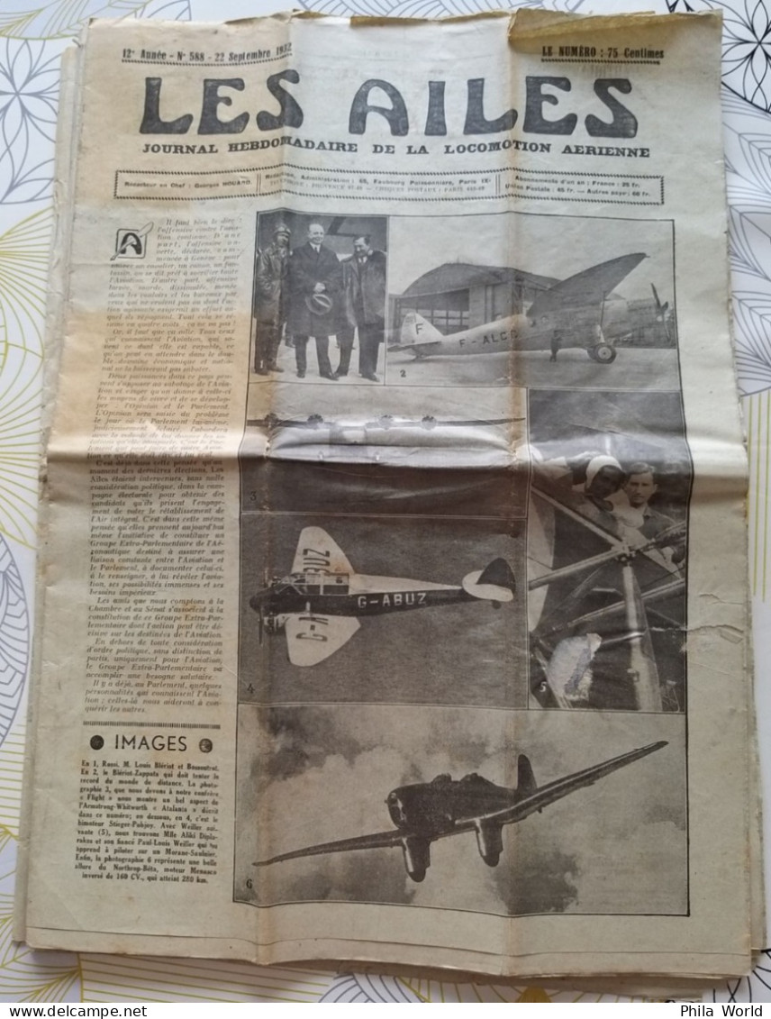 LES AILES Journal Locomotion Aérienne N° 588 22 Sept 1932 ROSSI BLERIOT Zappata BOSSOUTROT ATALANTA Double Mongoose - Aerei