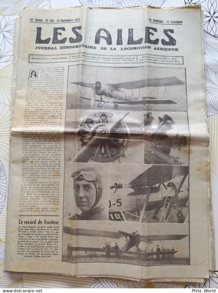 LES AILES Journal Locomotion Aérienne N° 589 29 Sept 1932 Record Vol Altitude Pilote UWINS Avion Vickers VESPA BRISTOL - Avions