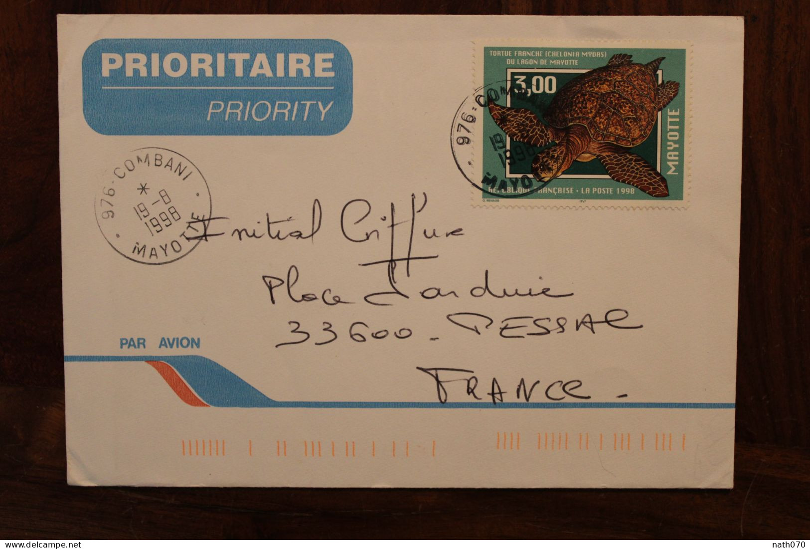 1998 Mayotte Combani France Cover Timbre Tortue Franche Air Mail - Brieven En Documenten