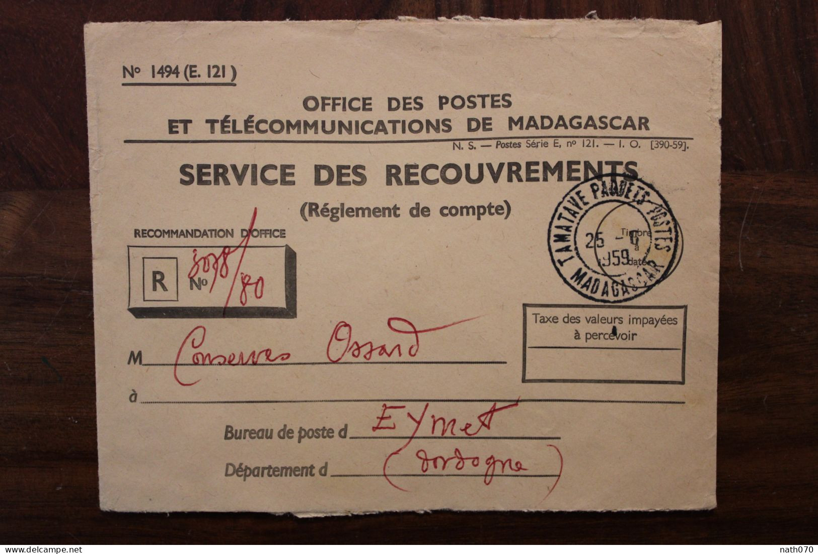 1959 Madagascar France Service Des Recouvrements Tamatave Paquets Cover Pour Eymet Mail - Cartas & Documentos