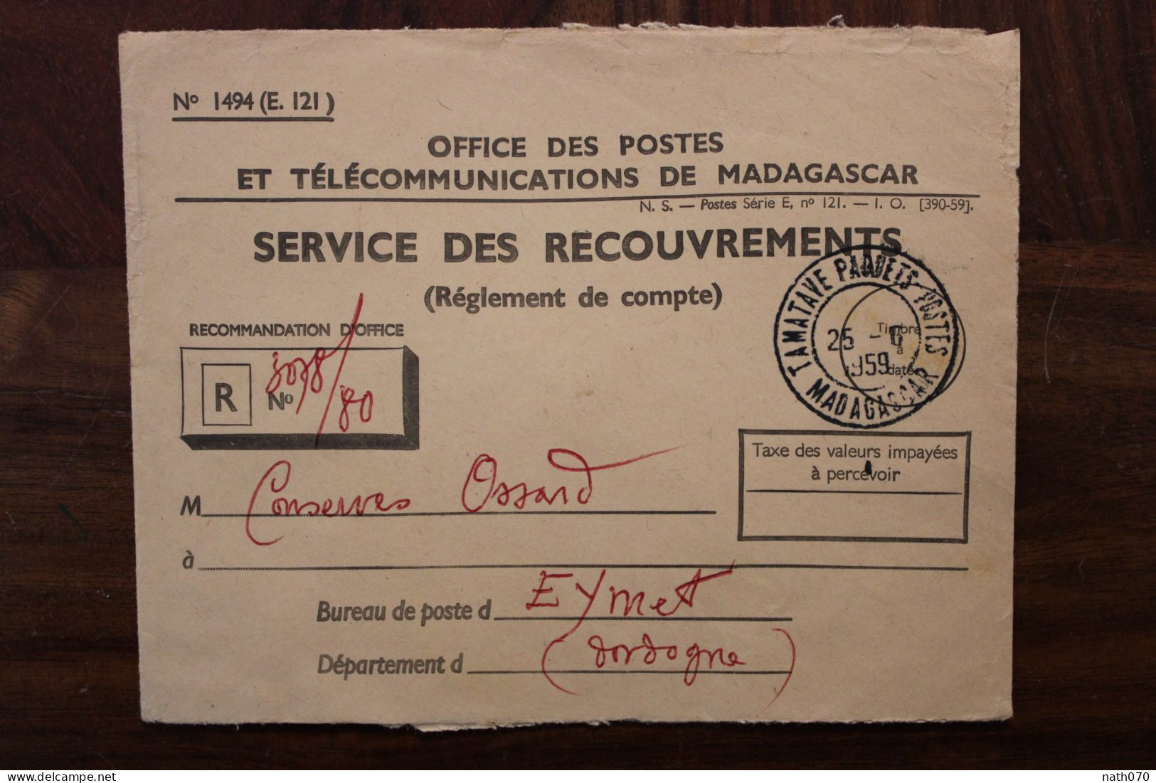 1959 Madagascar France Service Des Recouvrements Tamatave Paquets Cover Pour Eymet Mail - Covers & Documents