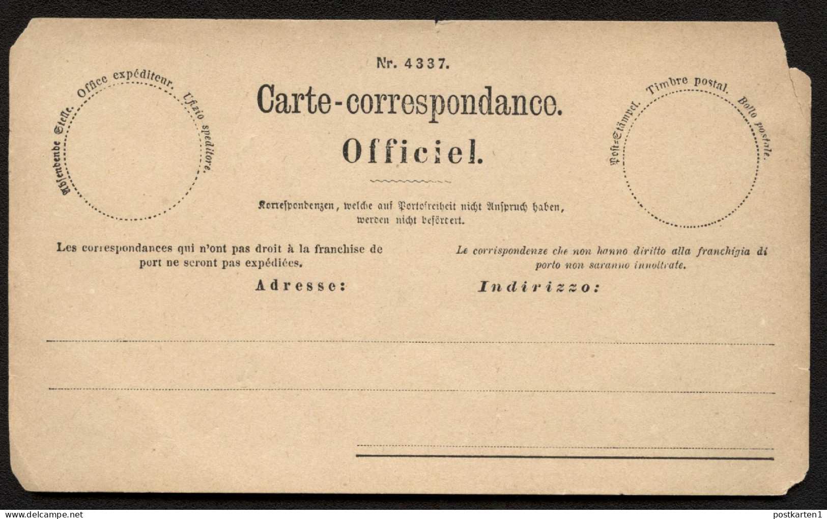 AMTLICHES POSTKARTENFORMULAR Zumstein AFP4 Postfrisch 1873 - Portofreiheit