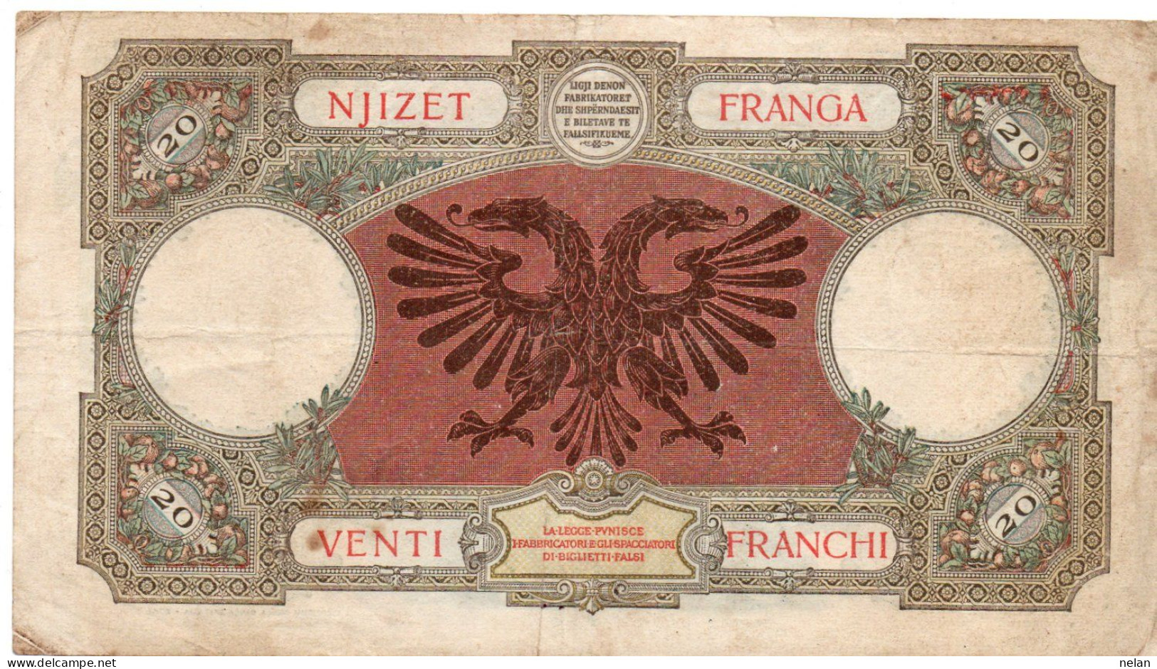 ALBANIA - 20 FRANGA  1939    P-7  VG - Albanie