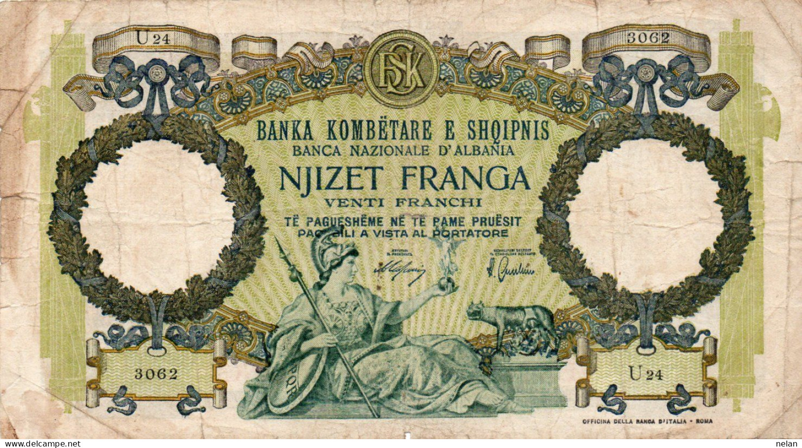 ALBANIA - 20 FRANGA  1939    P-7  VG - Albania