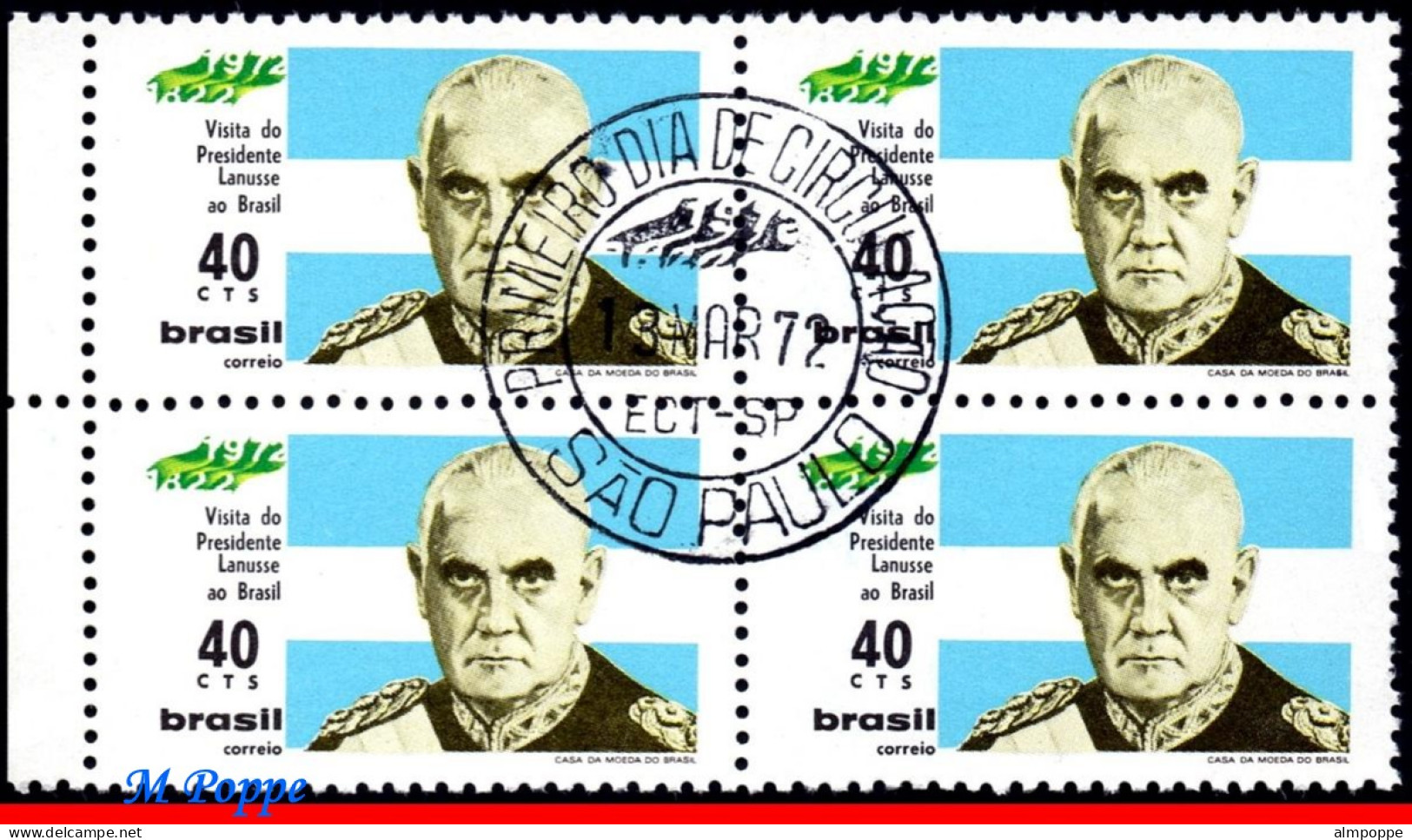Ref. BR-1214-QC BRAZIL 1972 - VISIT ALEJANDRO A.LANUSSE,PRESIDENT ARGENTINA, CANCELED 1ST DAY, FAMOUS PEOPLE 4V Sc# 1214 - Used Stamps