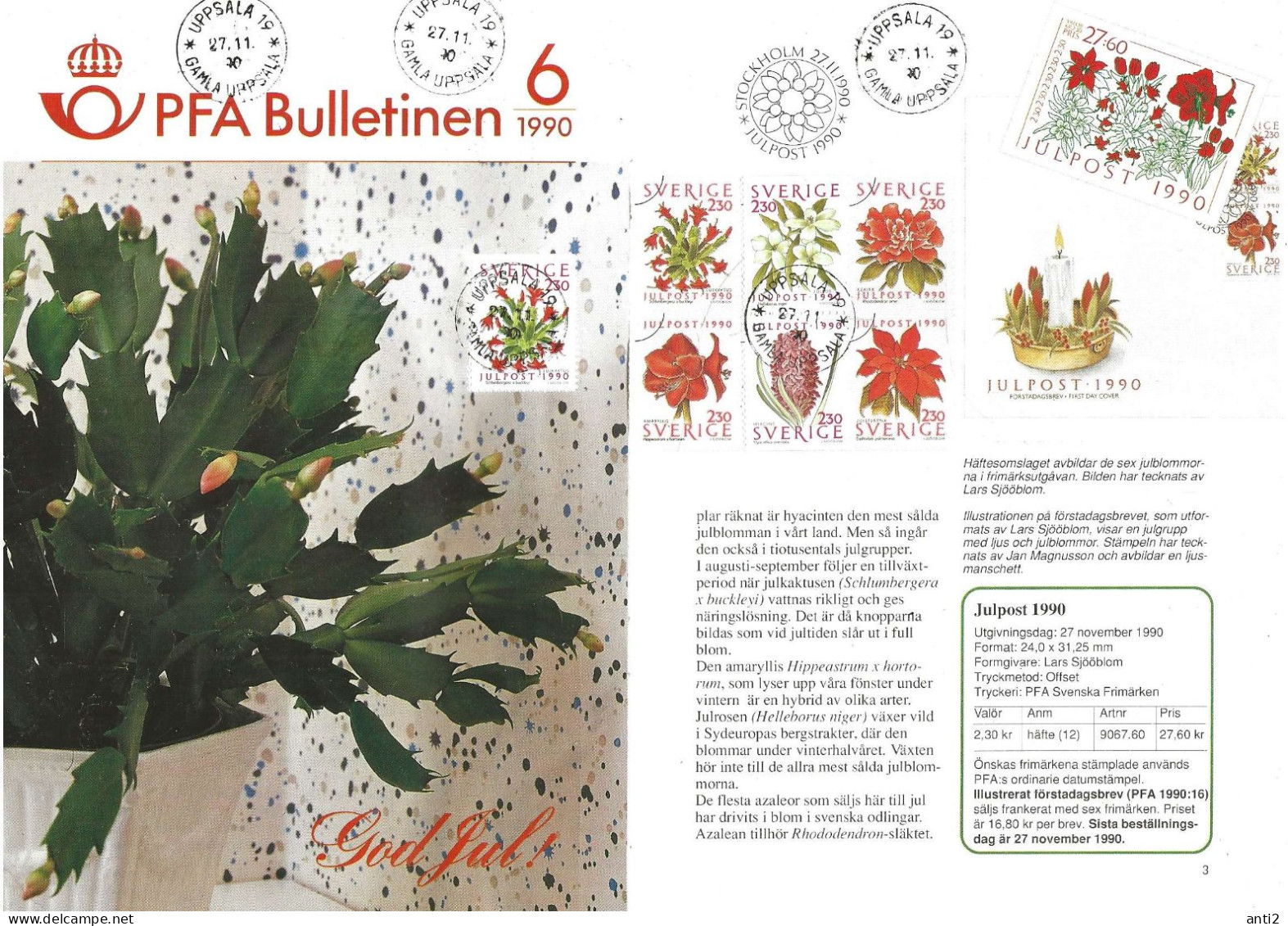 Sweden 1990 Christmas, Flowers Mi 1643, 1544, 1647  FDC First Day Cancellation On Sheets From PFA Bulletin - Briefe U. Dokumente