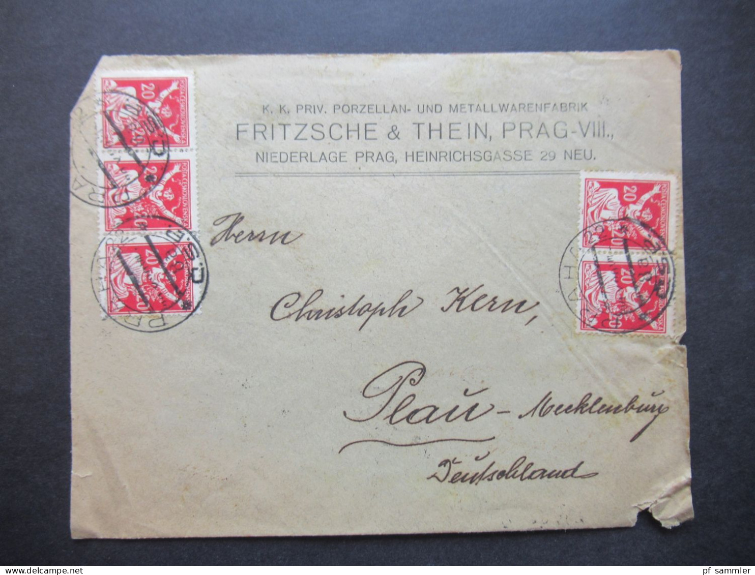 CSSR 1920 Firmenumschlag Porzellan U. Metallwarenfabrik Fritzsche & Thein, Prag. Rückseitig Marken Hradschin / Mucha - Lettres & Documents