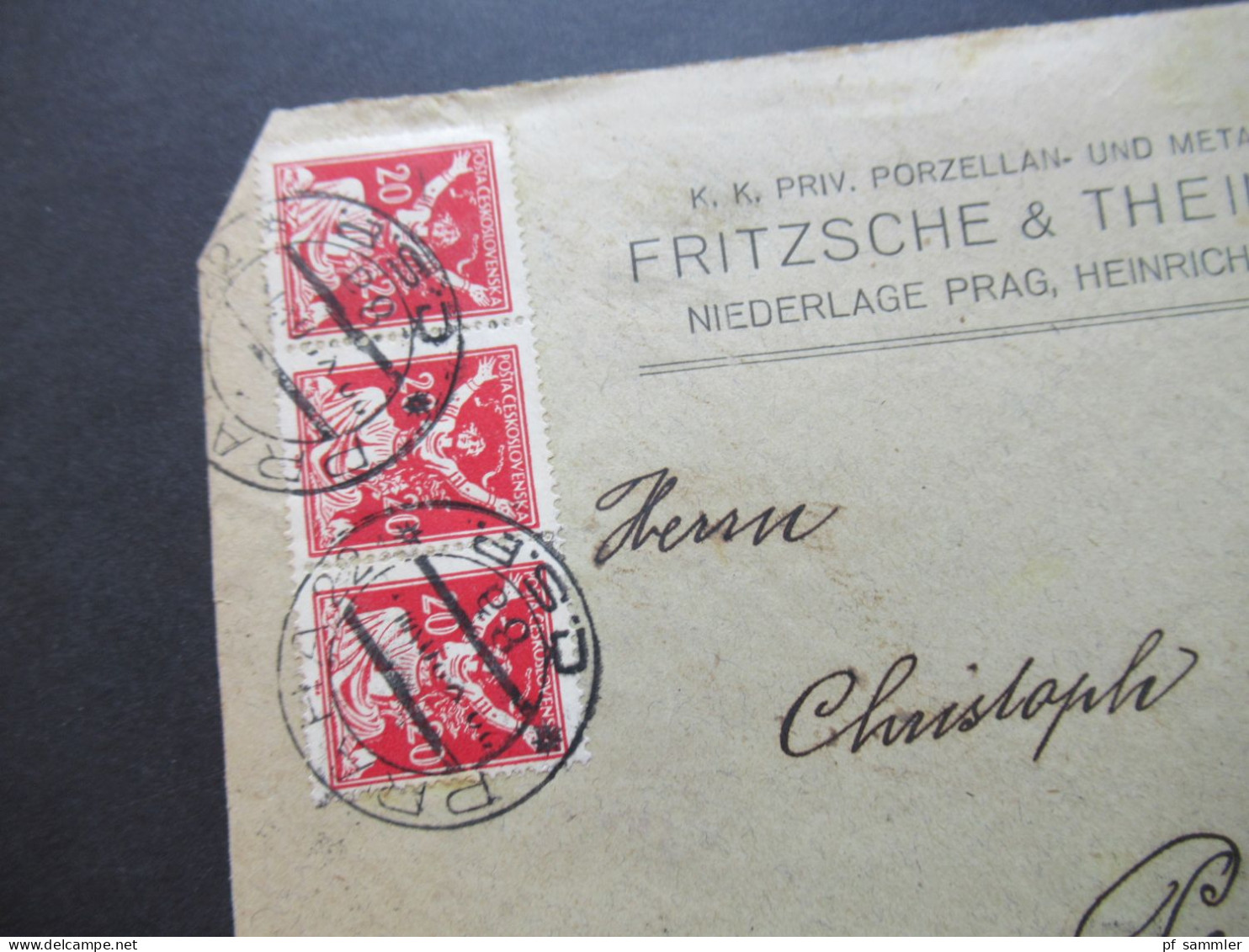 CSSR 1920 Firmenumschlag Porzellan U. Metallwarenfabrik Fritzsche & Thein, Prag. Rückseitig Marken Hradschin / Mucha - Storia Postale
