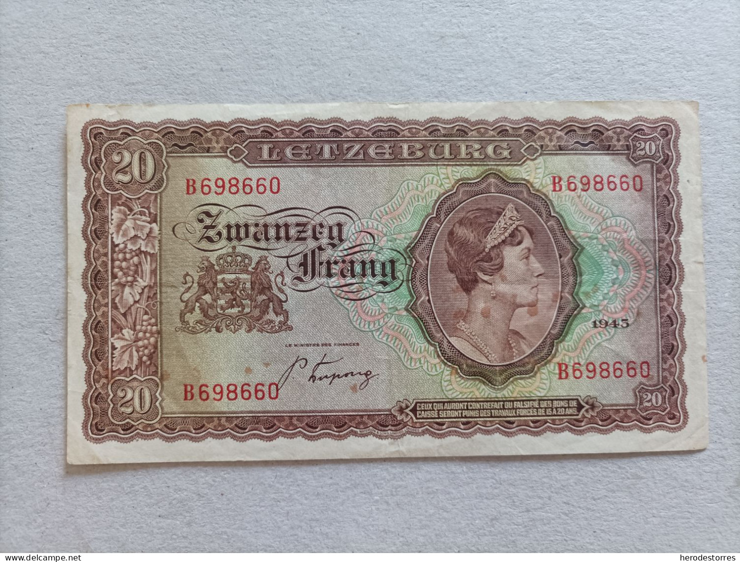 Billete De Luxemburgo De 20 Francs, Año 1943 - Lussemburgo