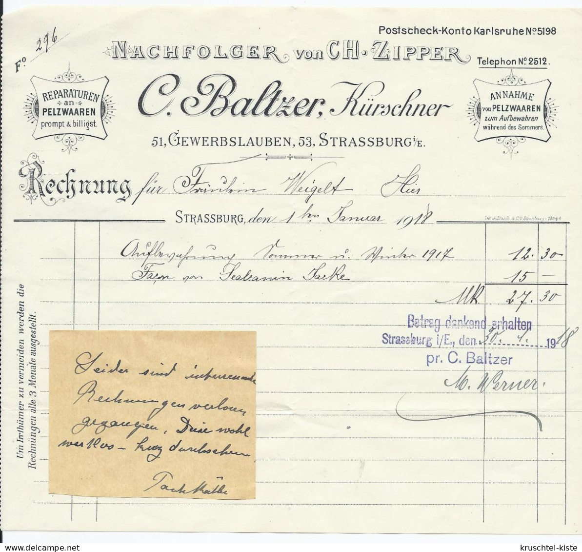 Dt- Reich (004556) Schmuckrechnung Straßburg C. Batzer, Kürschner, Vom 17.9.1917 Mit Umschlag - 1900 – 1949