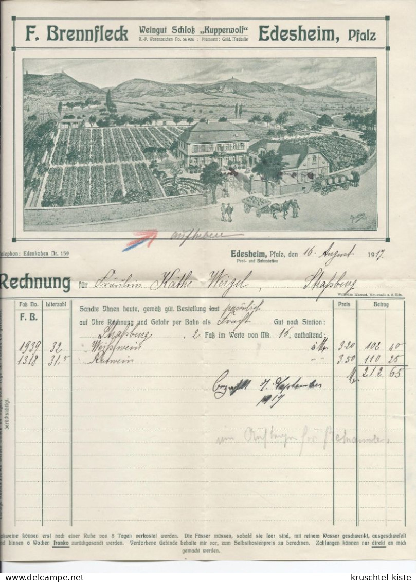 Dt- Reich (004557) Schmuckrechnung Weingut Edesheim F. Brennfleck, Vom 16.8.1917 Mit Umschlag - 1900 – 1949