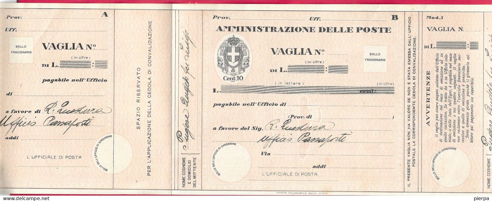 MODULO VAGLIA POSTALE C.10 (CAT. INT. 45/B) COMPILATO MA NON SPEDITO - Vaglia Postale