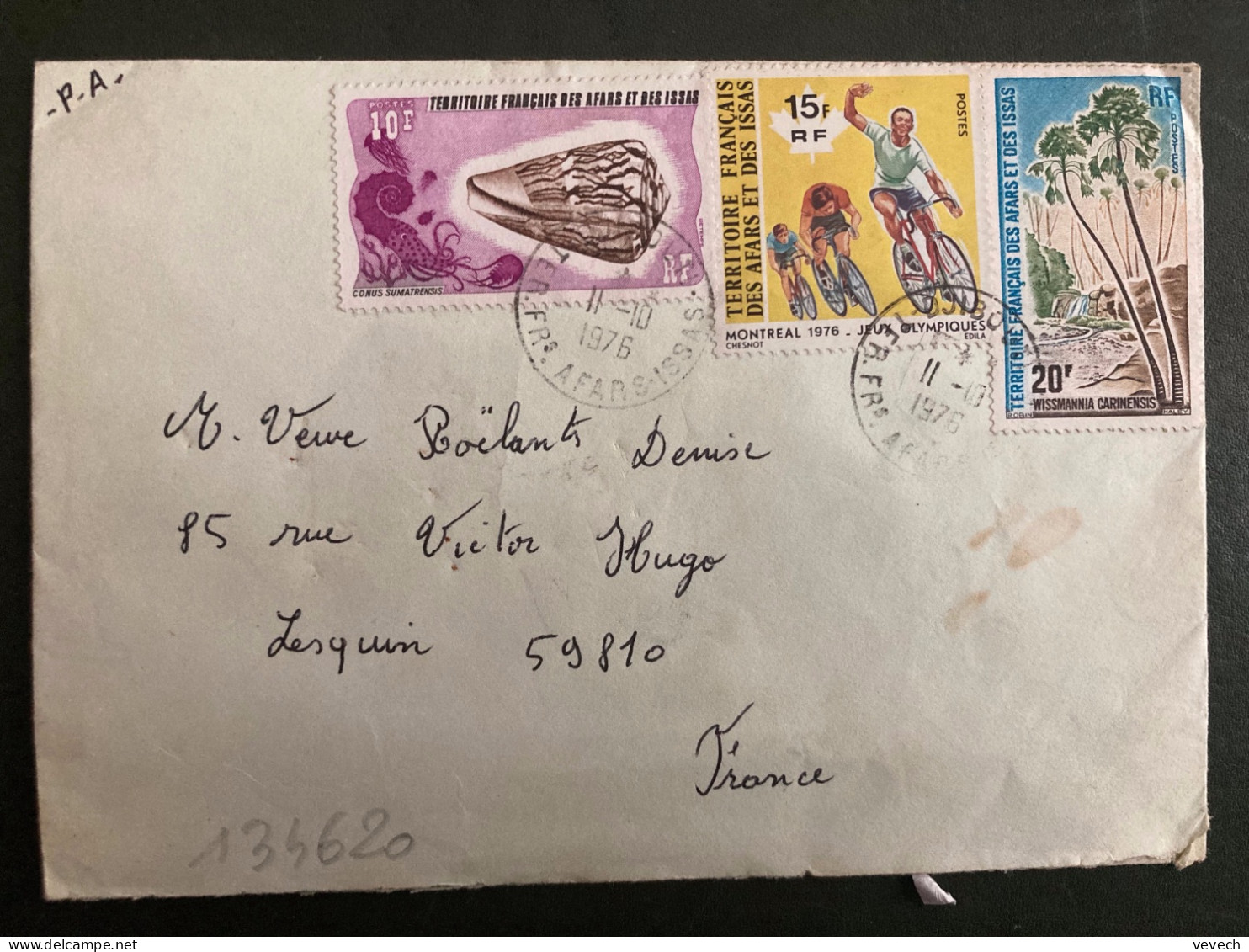 LETTRE Pour La FRANCE TP WISSMANIA CARINENSIS 20F + JO MONTREAL 1976 15F + CONUS SUMATENSIS 10F OBL.11-10 1976 DJIBOUTI - Briefe U. Dokumente