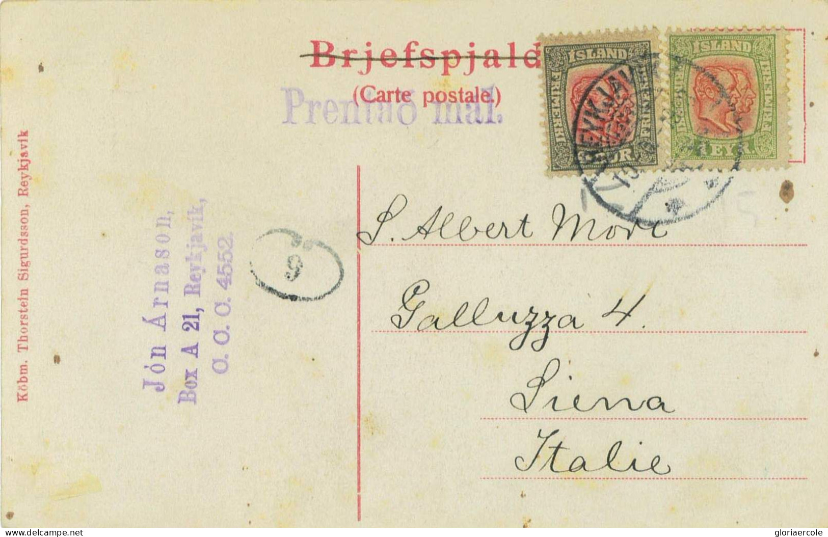 P0651 - ICELAND - Postal History - POSTCARD To ITALY 1908 - Briefe U. Dokumente