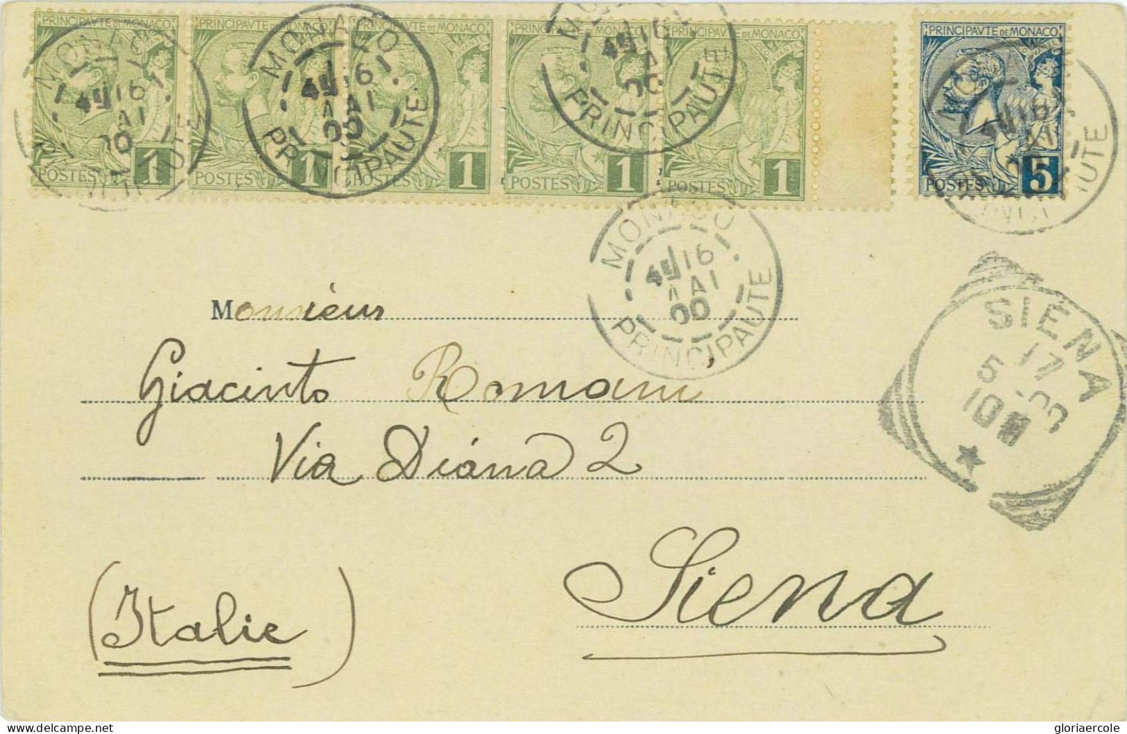 P0652 - MONACO - Postal History - 10 Cent Rate On POSTCARD To ITALY 1900 - Covers & Documents