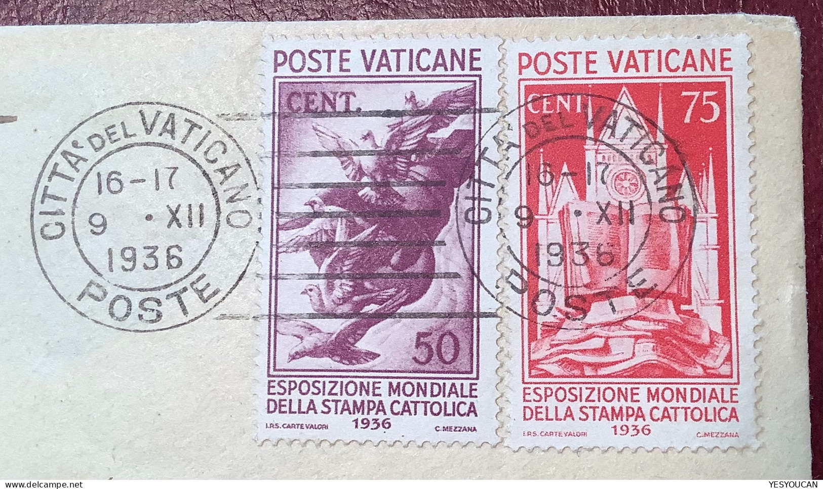 Sa.50 51 1936 50c+75c(550€)ESPOSIZIONE MONDIALE DELLA STAMPA CATTOLICA  Lettera(Vatican Vaticano Cover Dove Art Painting - Cartas & Documentos