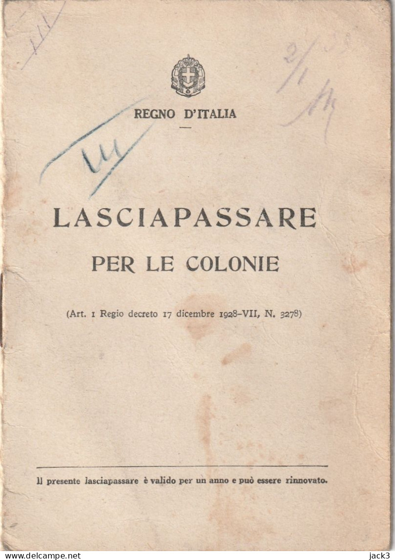 LASCIAPASSARE PER LE COLONIE - TRIPOLITANIA - Documents