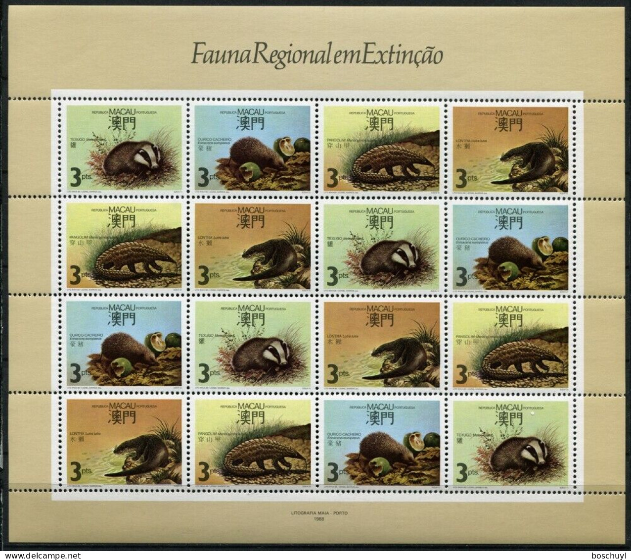 Macau, 1988, Mammals, Animals, Fauna, MNH Sheet, Michel 589-592 - Blokken & Velletjes