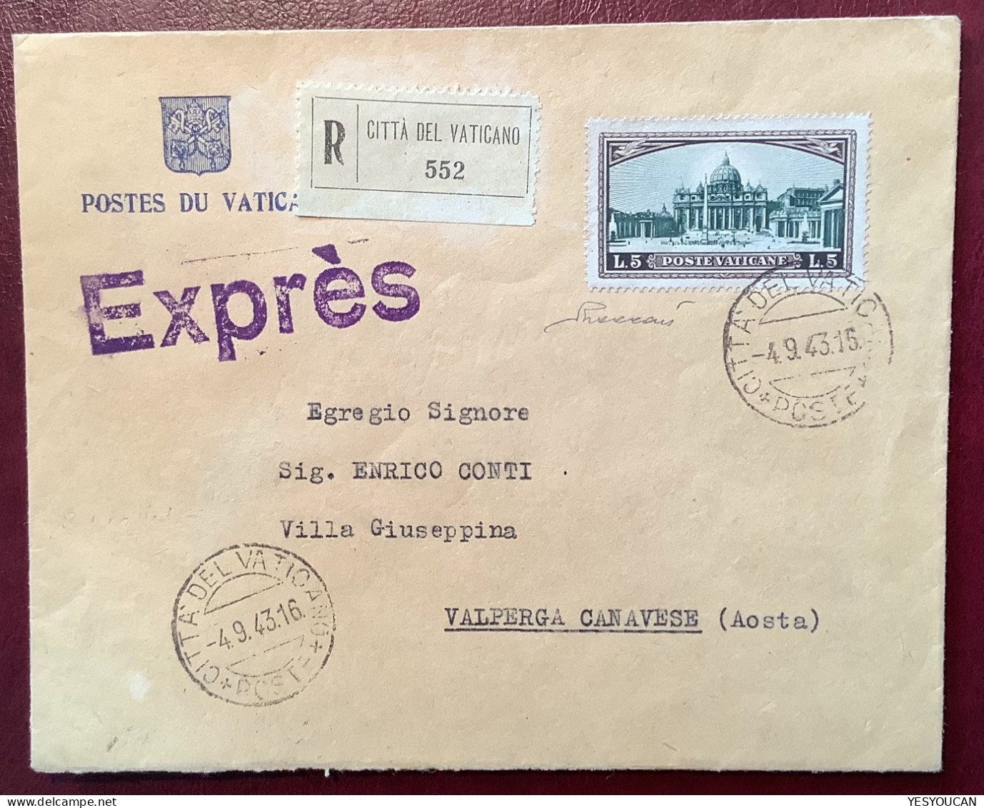 Sa.32 1933 5L 1943 Lettera EXPRÈS (Vatican Vaticano Cover Espresso Italia Italy Express Vaccari - Storia Postale