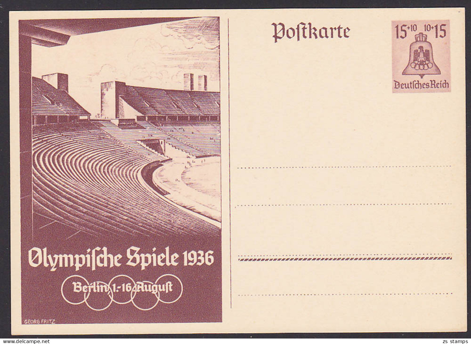 Berlin Olympische Spiele 1936  Olympiaglocke Stadion 15+10 Pf. P 260 * - Estate 1936: Berlino