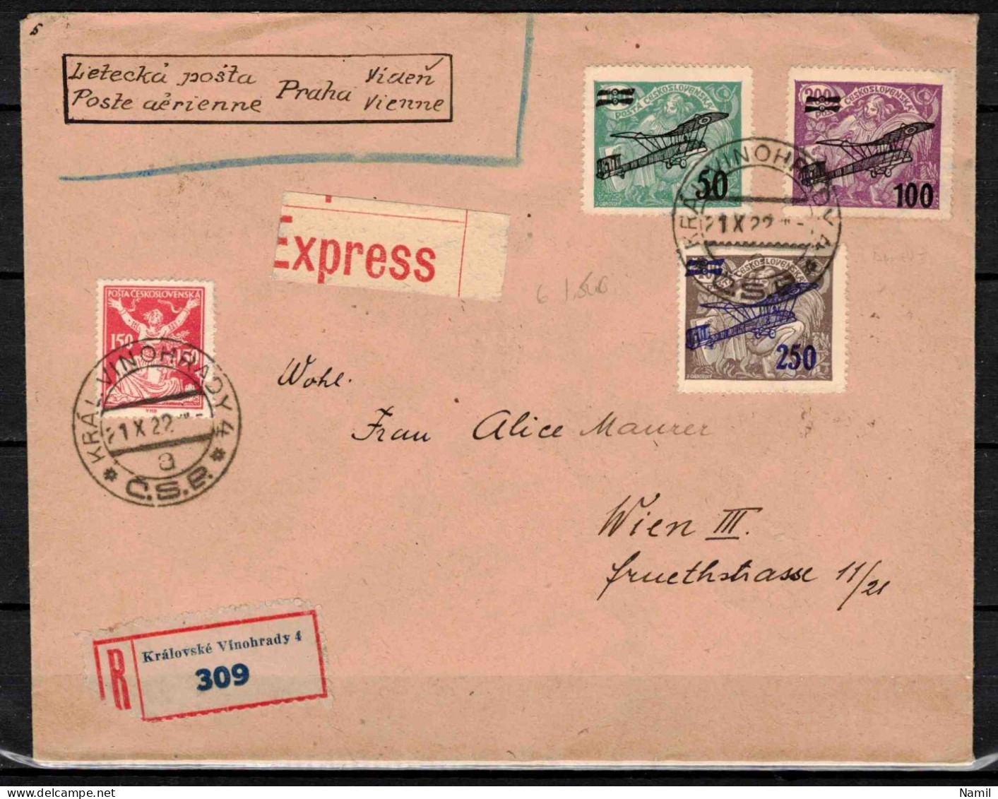 Tchécoslovaquie 1922 Lettre Expres Et Récomandé Pour Wien - Luftpost