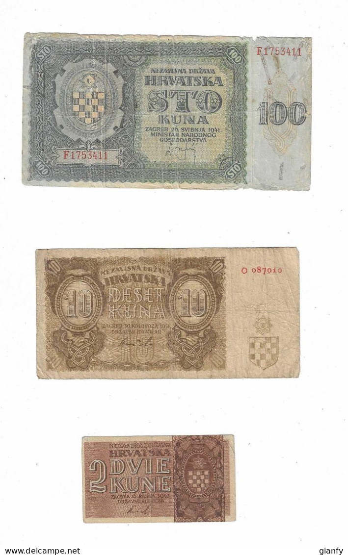 CROAZIA 3 BANCONOTE 2 KUNE 1942 - 10 KUNA 1941 - 100 KUNA 1941 - Croatie