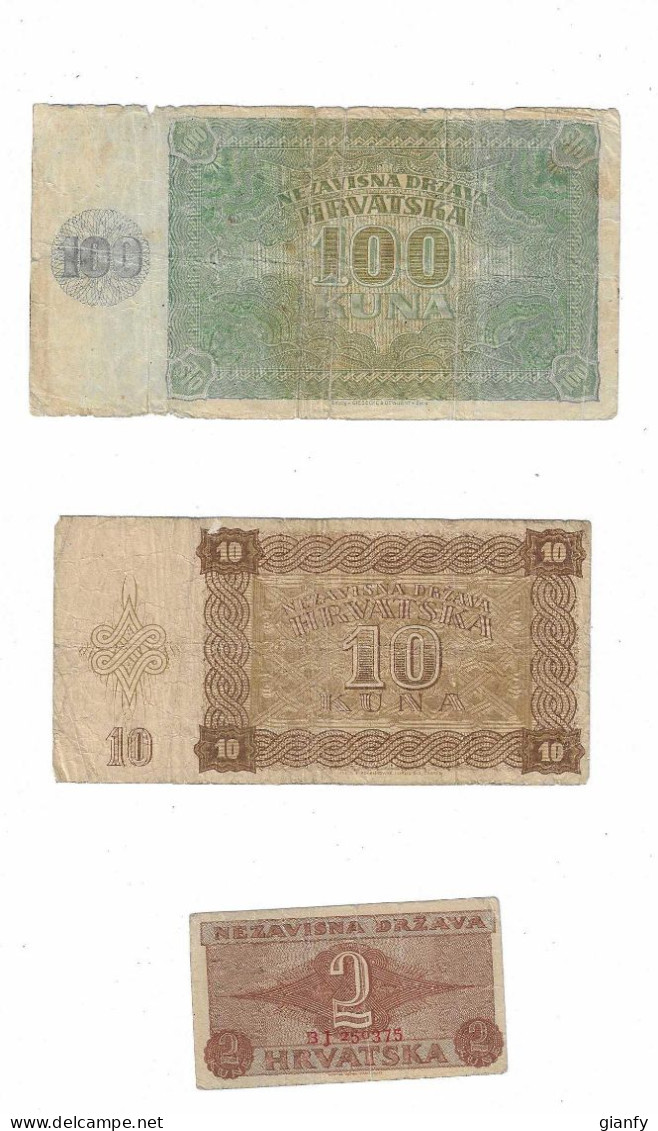 CROAZIA 3 BANCONOTE 2 KUNE 1942 - 10 KUNA 1941 - 100 KUNA 1941 - Croatie