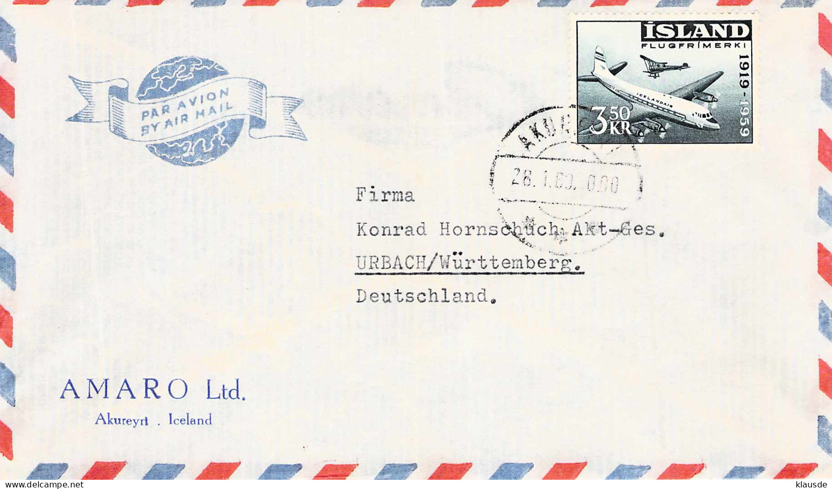 Lupo Cover Akureyri (Iceland)- Urbach Germany 1960 - Luftpost